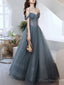Gray Blue Tulle Long Prom Dress, Gray Tulle Formal Dress