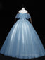 Gray Blue Tulle Off Shoulder Long Formal Prom Dress, Blue Tulle Formal Dress