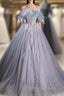 Gray Blue Tulle Sequins Strapless Feather Formal Prom Dress