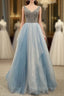 Gray Blue Tulle V-neck Backless Formal Prom Dress With Beading