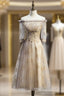 Gray Gold Tulle Short Sleeve Off the Shoulder Formal Prom Dress