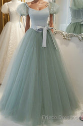 Gray Green A-Line Tulle Long Formal Prom Dresses, Gray Green Formal Dresses
