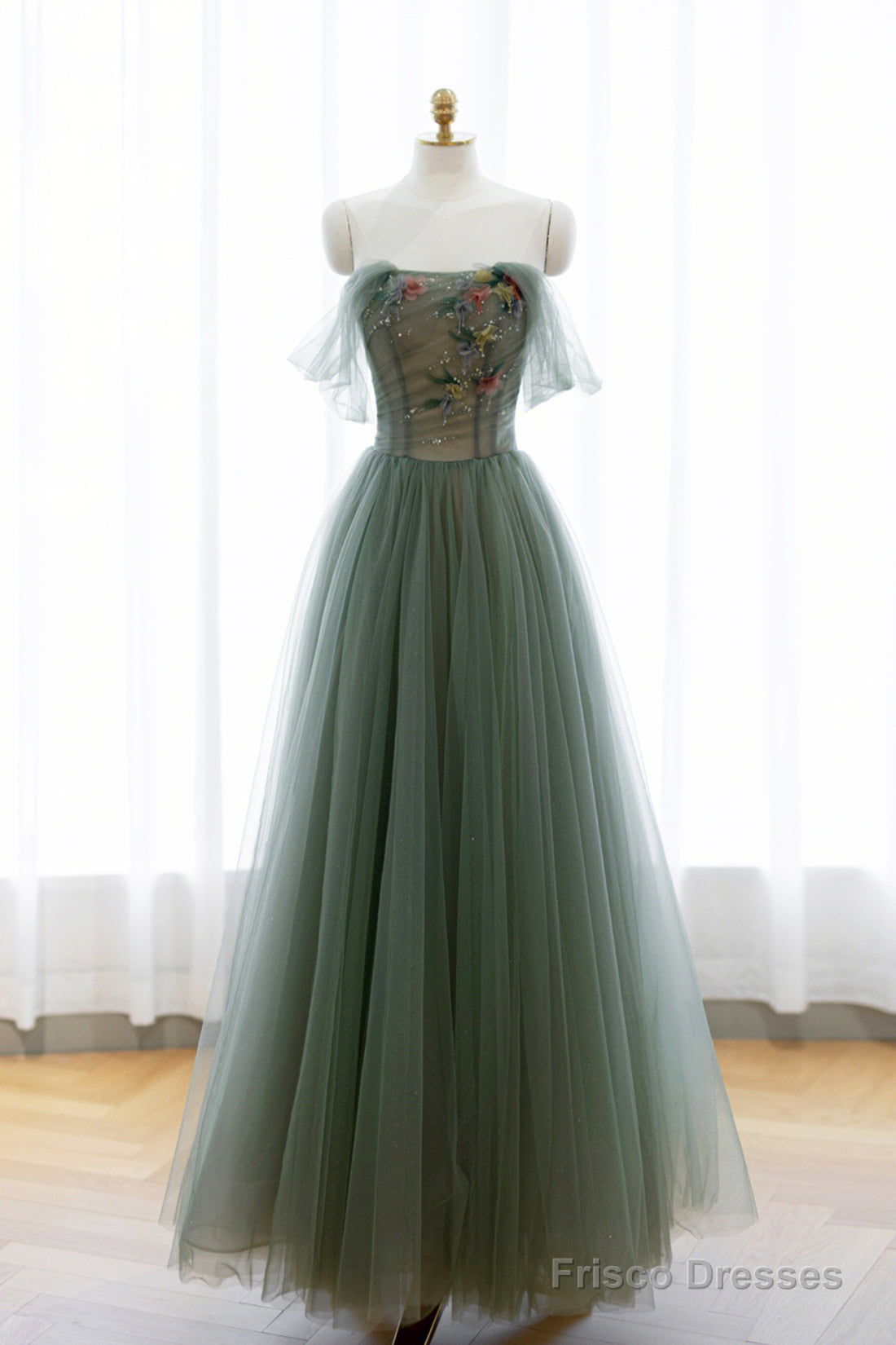 Gray Green Tulle Beaded Long Prom Dress, Beautiful A-Line Evening Dres   Frisco Dresses