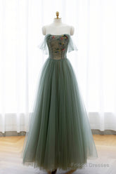 Gray Green Tulle Beaded Long Prom Dress, Beautiful A-Line Evening Dress