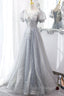 Gray Lace Long A-Line Formal Prom Dress with Sequins, Cute Short Sleeve Evening Dress