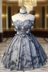 Gray Lace Strapless Short Formal Prom Dress, A-Line Sweetheart Neckline Party Dress