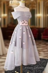 Gray Organza Hight-Low Formal Prom Dress, Gray Bridesmaid Dress