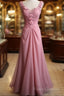 Gray Pink Retro Mermaid V-Neck Chiffon Beaded Long Formal Prom Dress Sweet Applique Birthday Dress