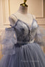 Gray Spaghetti Strap Lace Long Formal Prom Dress, Off the Shoulder Evening Party Dress