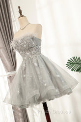Gray Strapless Tulle Short Formal Prom Dress with Sequins, Cute A-Line Party Dress