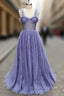 Gray Sweetheart Neck Tulle Lace Long Formal Prom Dress Blue Formal Dress