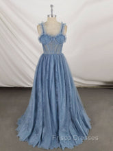 Gray Sweetheart Neck Tulle Lace Long Formal Prom Dress Blue Formal Dress