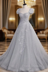 Gray Sweetheart Neck Tulle Lace Long Formal Prom Dress, Gray Evening Dress