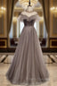 Gray Tulle Backless Cap Sleeve Sequins Formal Prom Dress