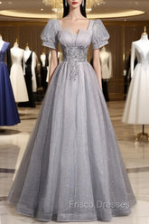 Gray Tulle Beaded Long Formal Prom Dress, A-Line Short Sleeve Evening Party Dress