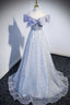 Gray Tulle Beaded Long Formal Prom Dress, Off the Shoulder Evening Dress with Bow