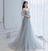 Gray Tulle Beads Long A Line Prom Dress Evening Dress