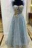 Gray Tulle Lace Long Formal Prom Dress, A-Line Spaghetti Straps Evening Dress