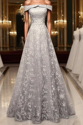 Gray tulle lace long Formal Prom Dresses, lace tulle bridesmaid Dresses