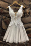 Gray Tulle Lace Short Prom Dress, Gray Tulle Lace Homecoming Dress