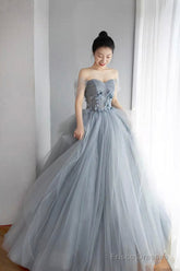 Gray Tulle Layers Long Prom Dress, A-Line Strapless Formal Evening Dress