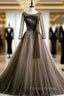 Gray Tulle Long Sleeve Pleats Beading Formal Prom Dress