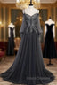 Gray Tulle Long Sleeve Spaghetti Straps Appliques Beading Formal Prom Dress