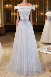 Gray tulle off shoulder lace long Formal Prom Dresses gray tulle formal Dresses