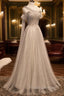 Gray Tulle One Shoulder Long Formal Prom Dress, Gray Formal Graduation Dress with Beading
