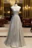 Gray Tulle Sequins High Neck Cap Sleeve Formal Prom Dress