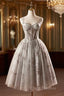 Gray Tulle Sequins Short Formal Prom Dress, A-Line Spaghetti Straps Backless Party Dress