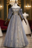 Gray Tulle Sequins Spaghetti Straps Long Sleeve Formal Prom Dress