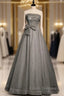 Gray Tulle Sequins Strapless Pleats Beading Formal Prom Dress