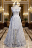 Gray Tulle Spaghetti Straps Embroidery Formal Prom Dress