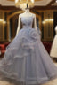 Gray Tulle Spaghetti Straps Pearls Formal Prom Dress