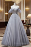 Gray Tulle Strapless Beading Formal Prom Dress