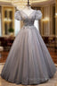 Gray Tulle V-neck Puff Sleeve Beading Formal Prom Dress