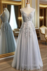 Gray Tulle with Lace Long Formal Prom Dress, A-line Floor Length Gray Evening Dress, Gray Bridesmaid Dress