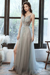 Gray V Neck Tulle Beads Long Prom Dress Beads Tulle Evening Dress