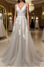 Gray v neck tulle lace long Formal Prom Dresses, gray tulle evening Dresses