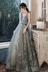 Gray V-Neck Tulle Long Prom Dress With Sequins, A-Line Graduation Dress