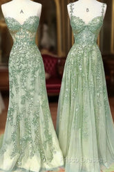 Green A Line Applique Mermaid Lace Long Formal Prom Dress