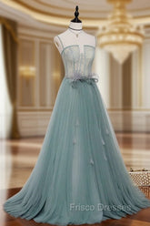 Green A Line Lace Long Formal Prom Dress, A Line Green Lace Long Formal Evening Dress