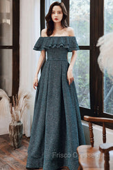 Green A Line Off Shoulder Long Formal Prom Dress, Green Bridesmaid Dress