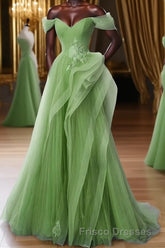 Green A-Line Off Shoulder Long Formal Prom Dress Lace Long Evening Dress