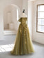 Olive Green A-Line Off Shoulder Tulle Lace Long Prom Dress, Green Tulle Formal Dress