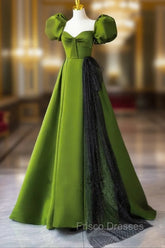 Green A-Line Satin Sweetheart Short Sleeves Party Dress, Green Long Formal Prom Dress