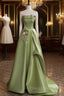Green A-line Satin with Flowers Long Evening Dress, Green Satin Formal Prom Dress