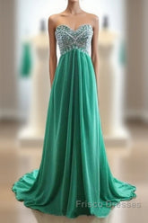 Green A-Line Sweetheart Neck Chiffon Long Formal Prom Dress, Evening Dress