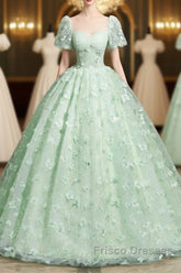 Green A-Line Tulle Beaded Sequin Long Formal Prom Dress, Beautiful 3D Butterfly Evening Dress